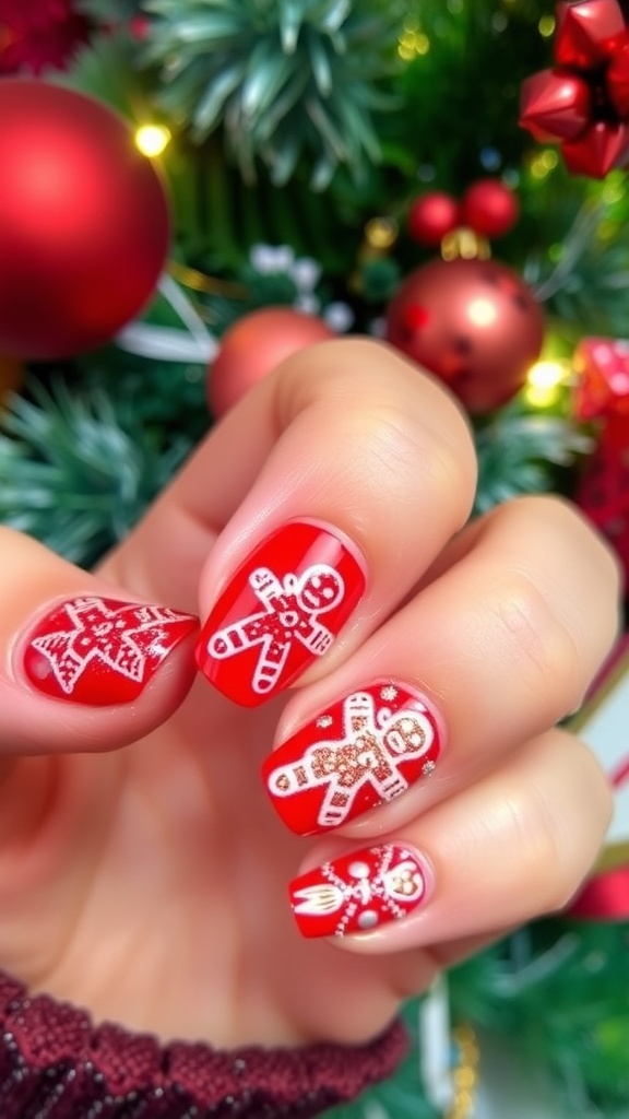 Gingerbread Christmas Nails Design Close-up of red Christmas nails with gingerbread designs and icing patterns.